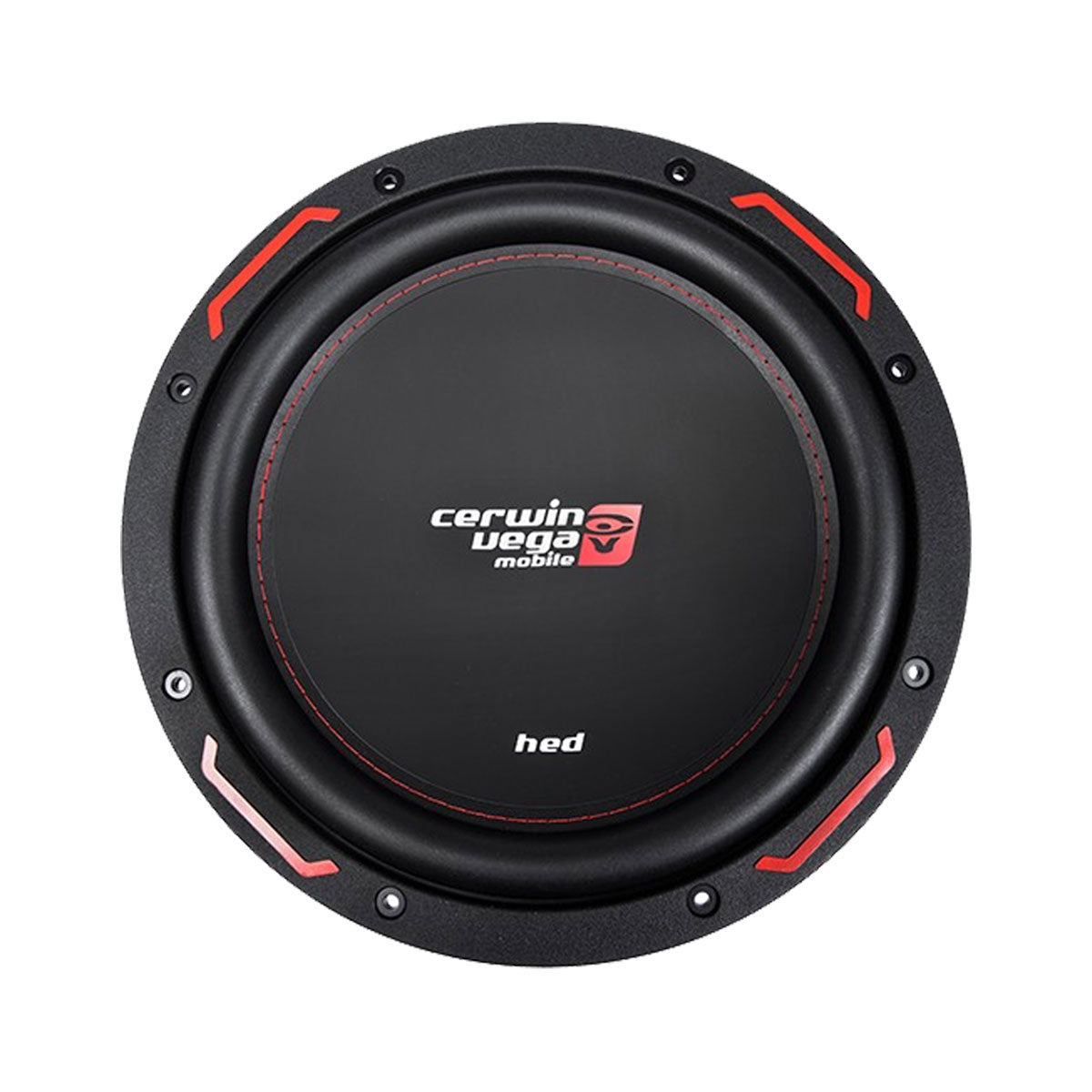 Image of the HED Series 12" DVC Subwoofer (4Ω) - H7124D with a sleek black circular design. "Cerwin Vega mobile" and "hed" highlight the speaker cone's center, while red accents on the rim enhance its bold, modern appeal—perfect for car audio enthusiasts seeking top-notch performance.